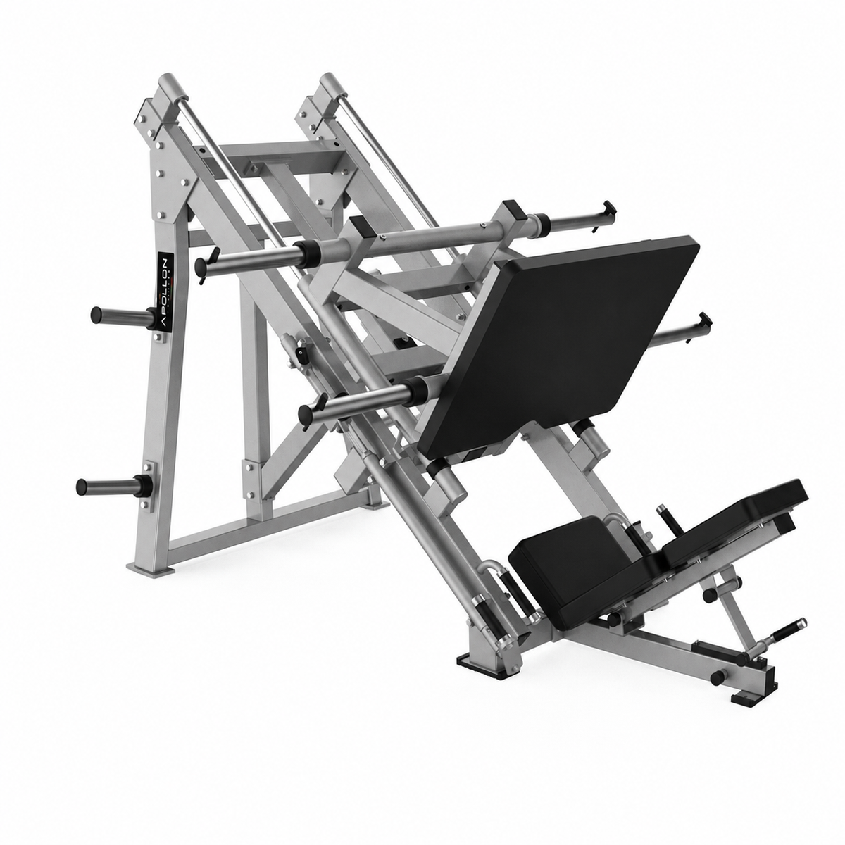 Apollon Fitness 45° Leg Press – profesionalna plate-loaded sprava za potisak nogama sa velikom platformom za stopala i nosačima za olimpijske tegove.
