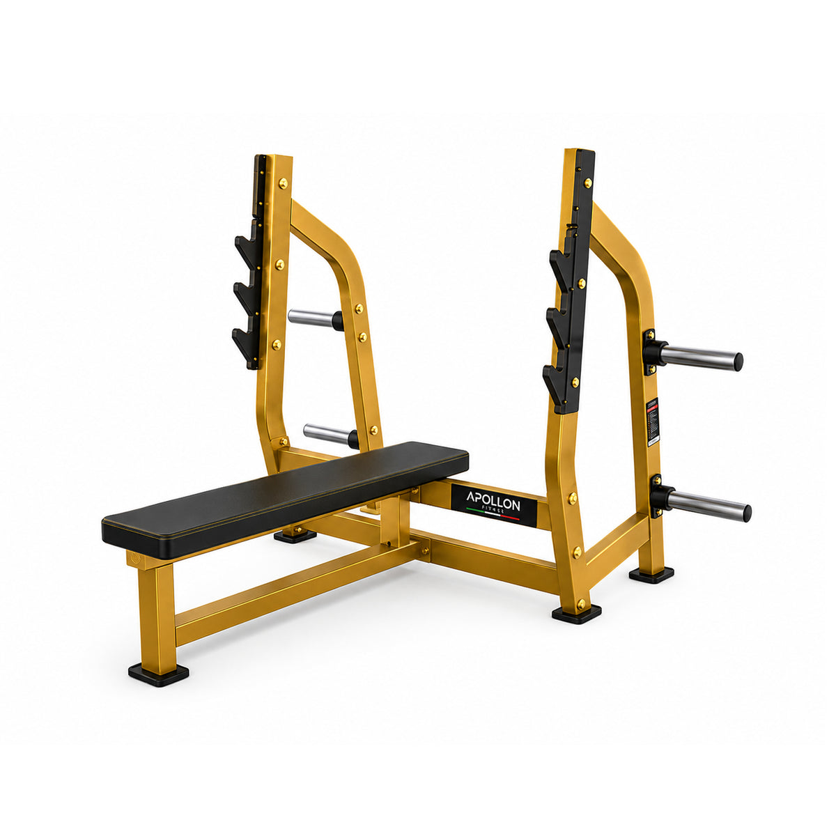 Apollon Fitness ravna klupa za bench press – Flat Olympic Bench Press sa nosačima za šipku i držačima za tegove, profesionalna oprema za teretane.
