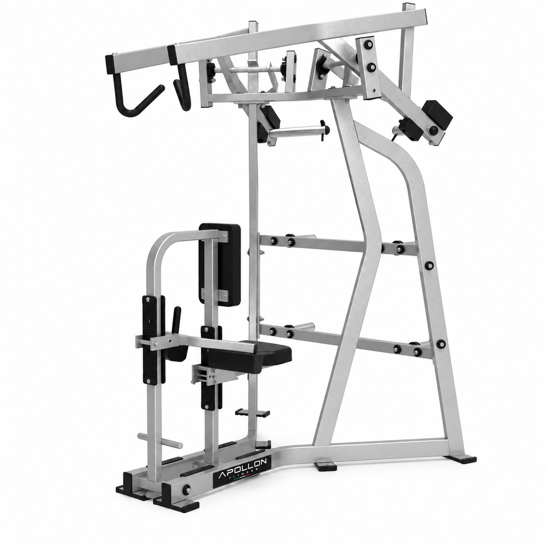 Apollon Fitness High Back Pulldown – profesionalna plate-loaded sprava za leđa sa nezavisnim polugama, visokim povlačenjem i podesivim sedištem.
