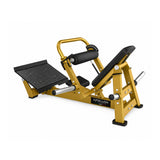 Apollon Fitness Hip Thrust Machine sprava za gluteus sa zlatnom konstrukcijom, crnim tapaciranim osloncima i velikom platformom za stopala, namenjena treningu gluteusa i zadnje lože.