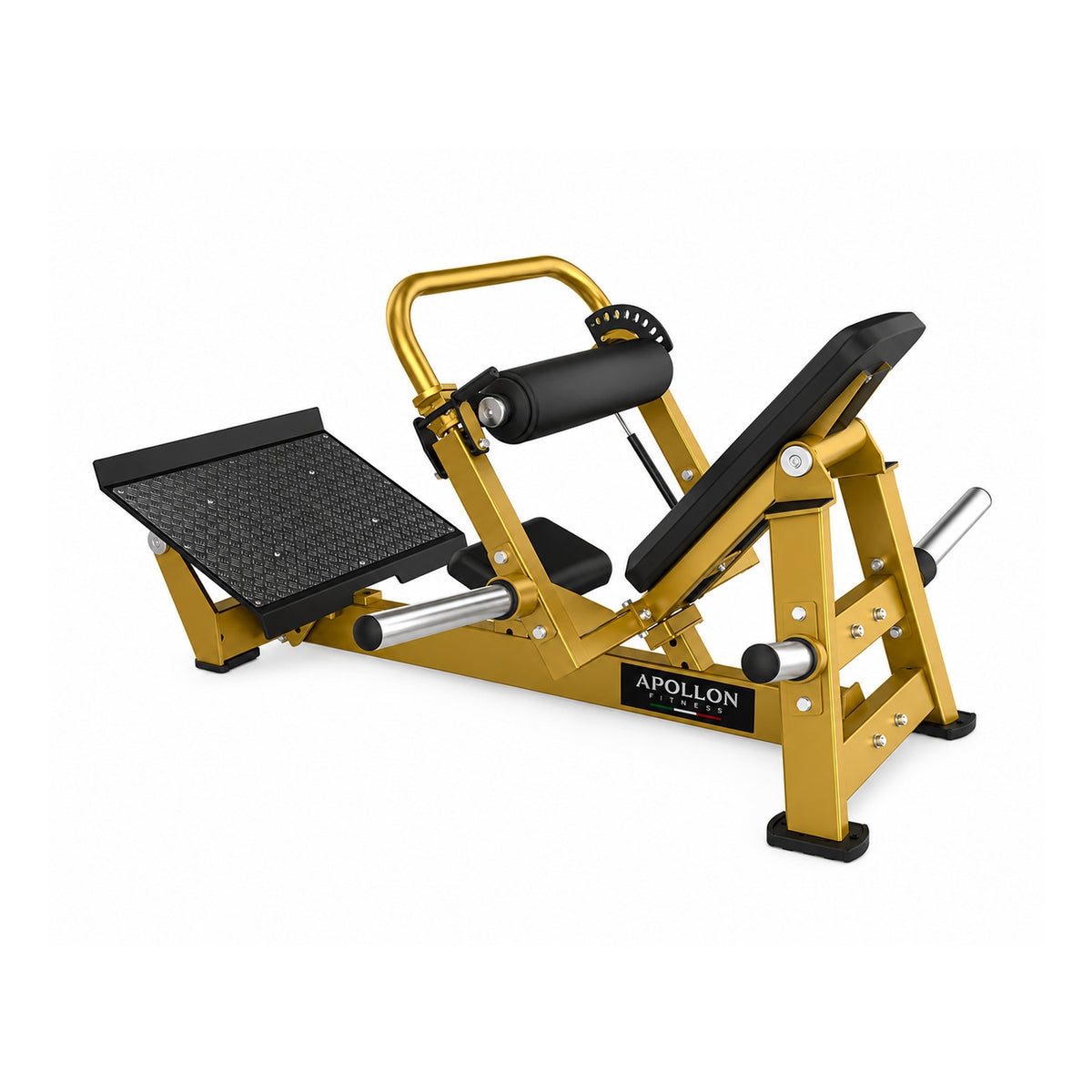 Apollon Fitness Hip Thrust Machine sprava za gluteus sa zlatnom konstrukcijom, crnim tapaciranim osloncima i velikom platformom za stopala, namenjena treningu gluteusa i zadnje lože.