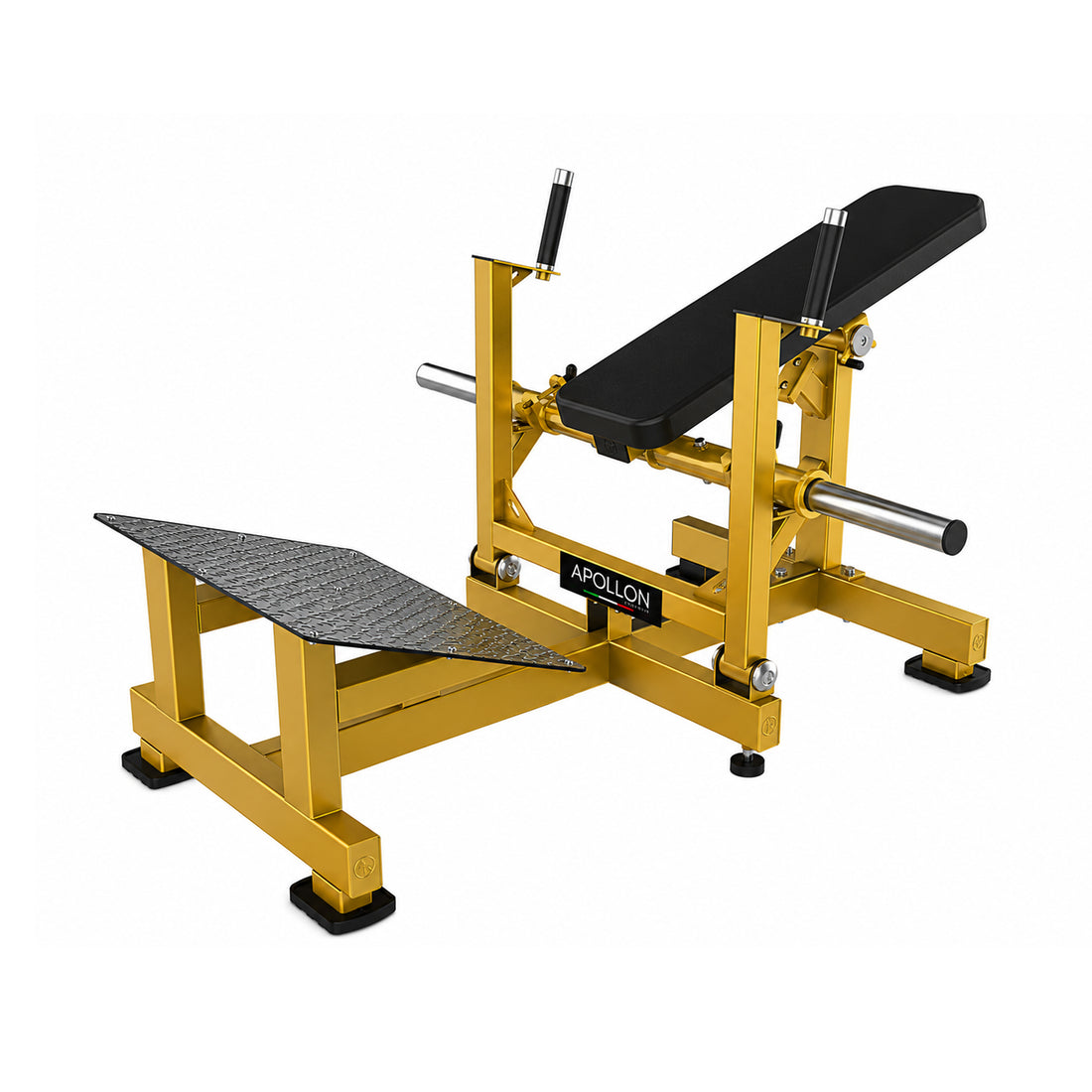 Apollon Fitness Hip Thrust Machine sprava za gluteus sa zlatnom konstrukcijom, crnim tapaciranim osloncima i velikom platformom za stopala, namenjena treningu gluteusa i zadnje lože.