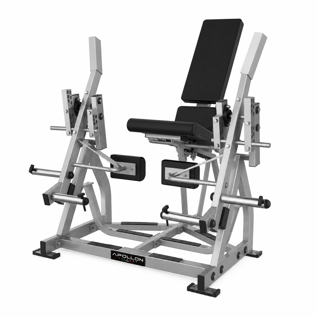 Apollon Fitness Iso-Lateral Leg Extension – profesionalna plate-loaded sprava za kvadriceps sa nezavisnim polugama za odvojeni trening leve i desne noge.
