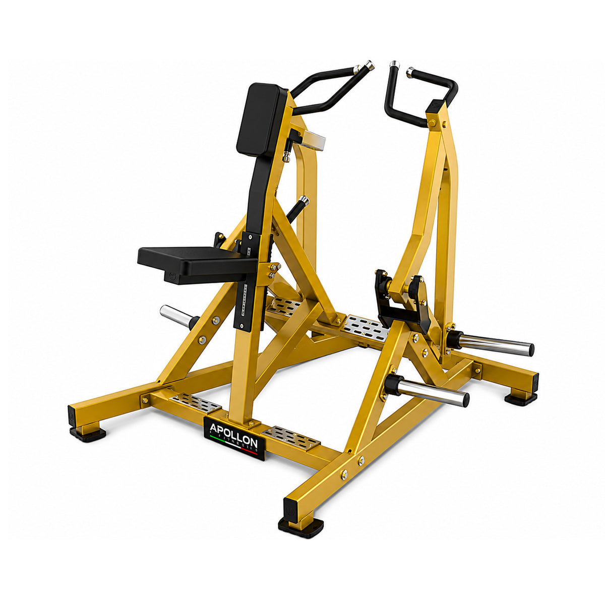 Apollon Fitness Iso-Lateral Low Row sprava za donje veslanje sa zlatnom konstrukcijom, nezavisnim polugama i višestrukim hvatovima, namenjena profesionalnom treningu leđa, latissimusa, trapeza i bicepsa.
