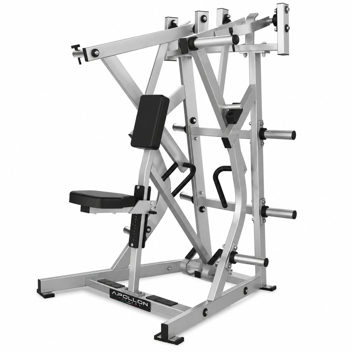 Apollon Fitness Iso-Lateral Low Row – profesionalna plate-loaded sprava za leđa sa nezavisnim polugama, osloncem za grudi i podesivim sedištem.
