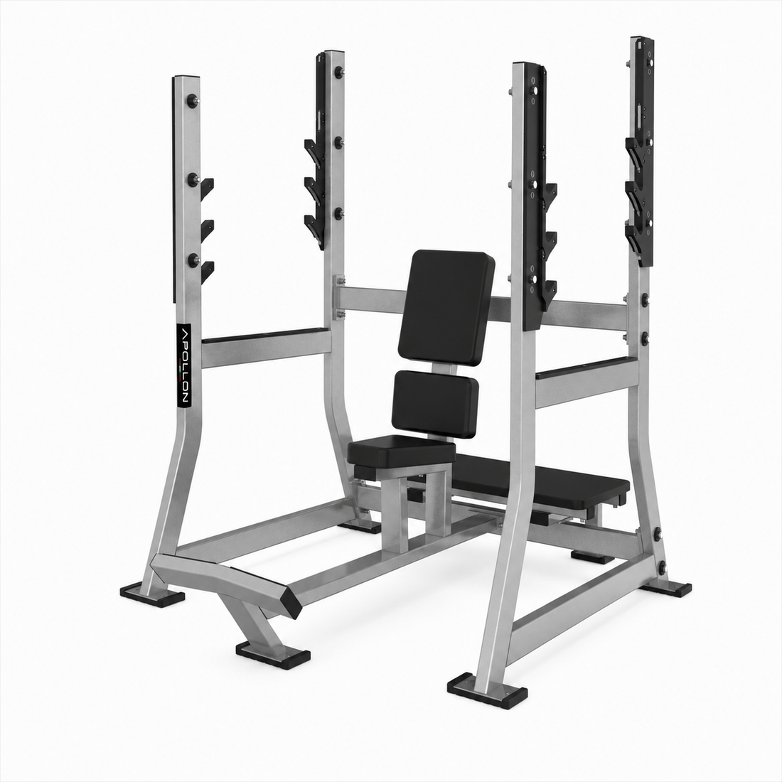 Military presa za ramena sa sedištem, naslonom i višepozicionim nosačima za šipku – Military Shoulder Press za trening ramena sa slobodnim tegovima.
