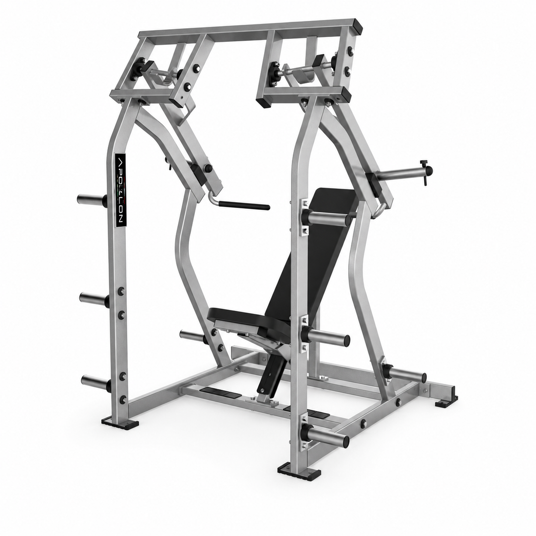 Apollon Fitness Military Shoulder Press – profesionalna plate-loaded sprava za ramena sa nezavisnim polugama, podesivim sedištem i stabilnim naslonom.
