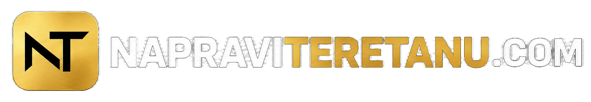 A website-style logo banner with a gold rounded square containing black 'NT' and the text 'NAPRAVITERETANU.COM' in white and gold on a black background.