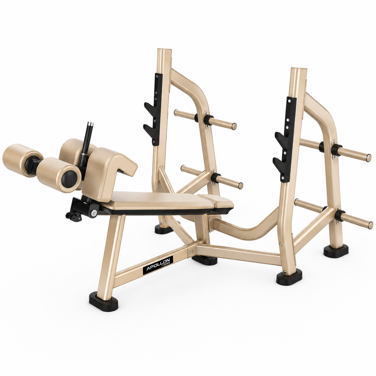 Olimpijska decline klupa Olympic Decline Bench za bench press sa nosačima za šipku, osloncima za noge i držačima za tegove.

