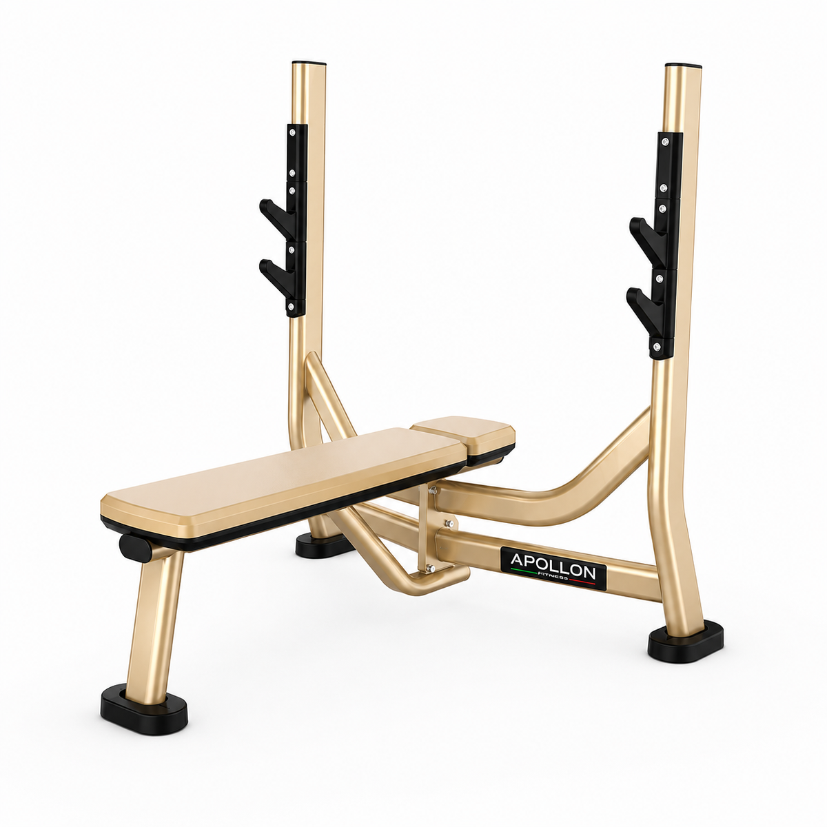 Apollon Fitness olimpijska ravna klupa za bench press (Olympic Flat Bench) sa integrisanim nosačima za šipku, za profesionalne teretane.
