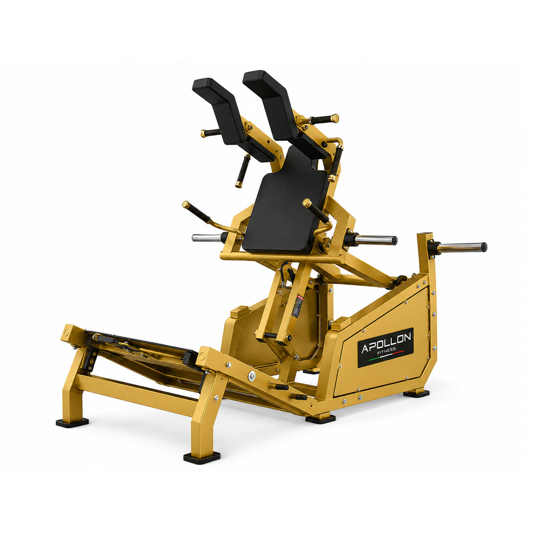 Apollon Fitness Pendulum Squat sprava za čučanj sa zlatnom konstrukcijom, crnim naslonom i osloncima za ramena, namenjena treningu kvadricepsa, gluteusa i nogu.