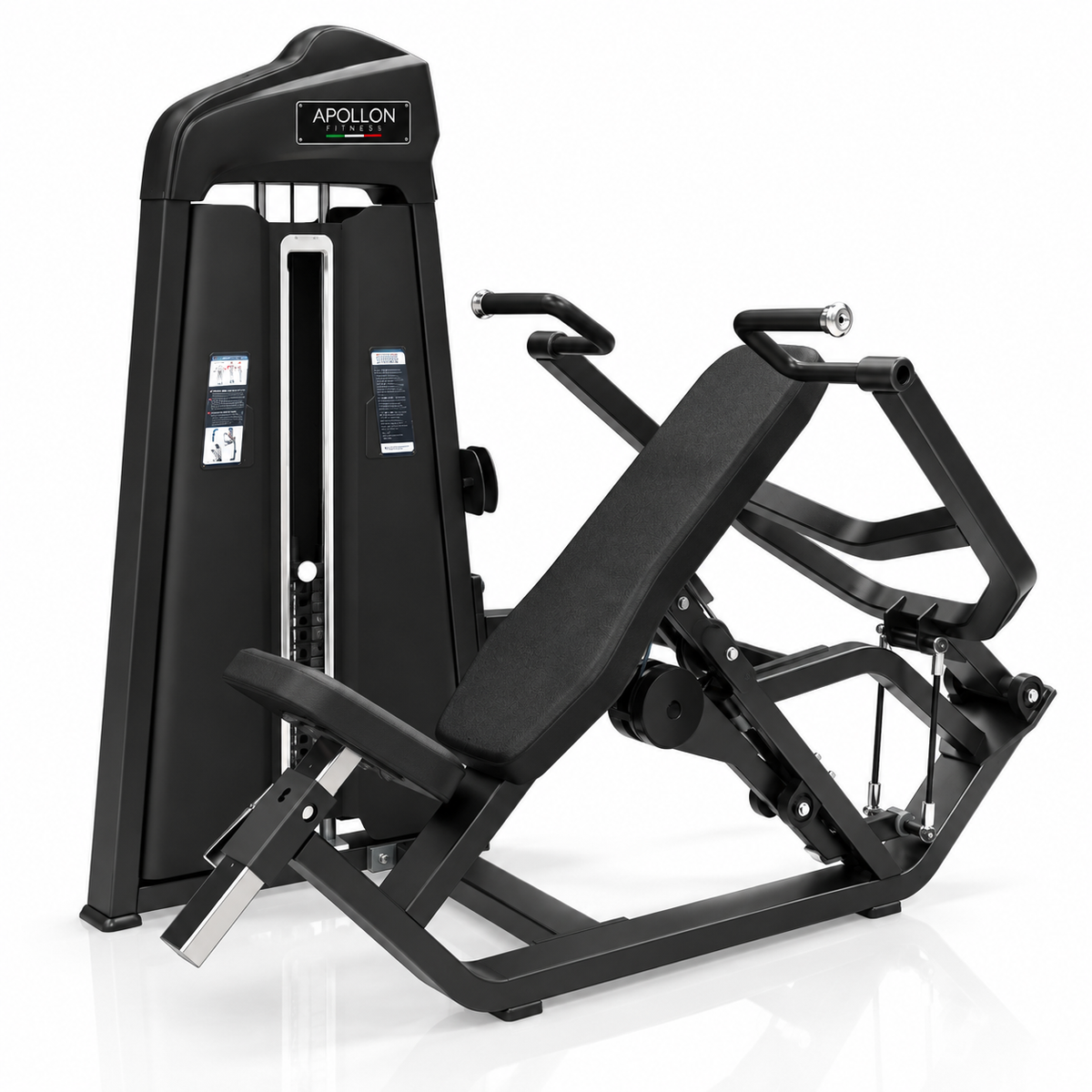 Presa za ramena – Shoulder Press Apollon Fitness, profesionalna sprava sa integrisanim tegovima, podesivim sedištem i crnim tapaciranim naslonom za trening ramena.