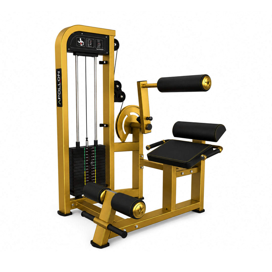 Apollon Fitness Selectorized Back Extension – profesionalna sprava za ekstenziju leđa sa selektorskim težinskim blokom, zlatnom konstrukcijom i crnim tapacirom.
