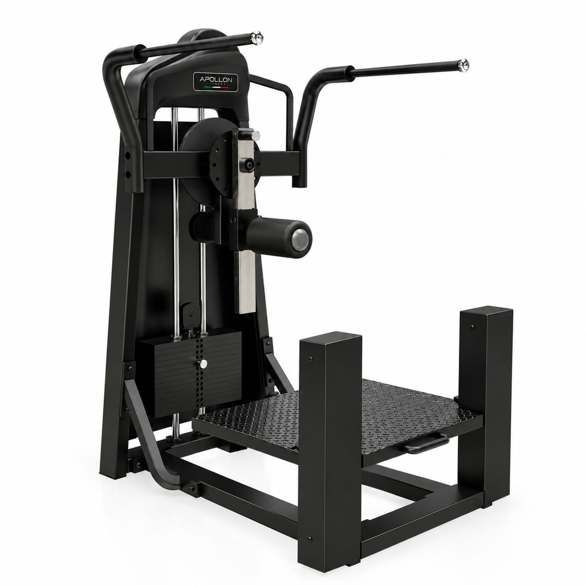 Sprava za kukove i gluteus – Multi Hip Apollon Fitness, profesionalna sprava sa crnom konstrukcijom, blokom tegova, podesivim osloncem za nogu i protivkliznom platformom.