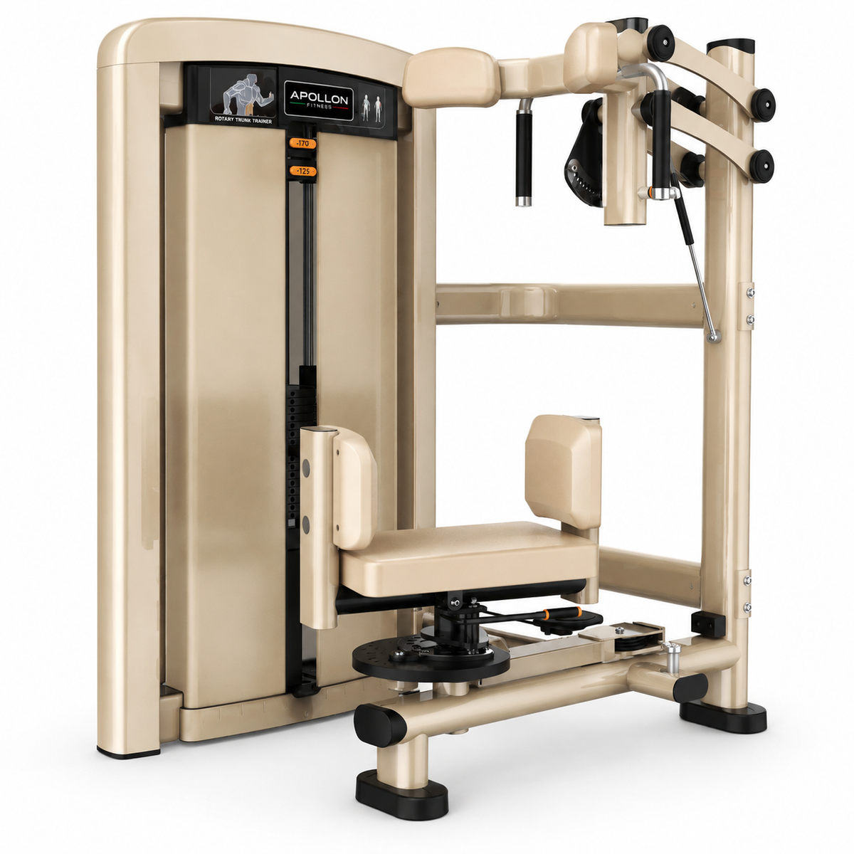 Sprava za rotaciju trupa Rotary Torso Trainer Apollon Fitness sa selektorizovanim sistemom opterećenja za trening core i kosih trbušnih mišića u profesionalnim teretanama i fitnes centrima.

