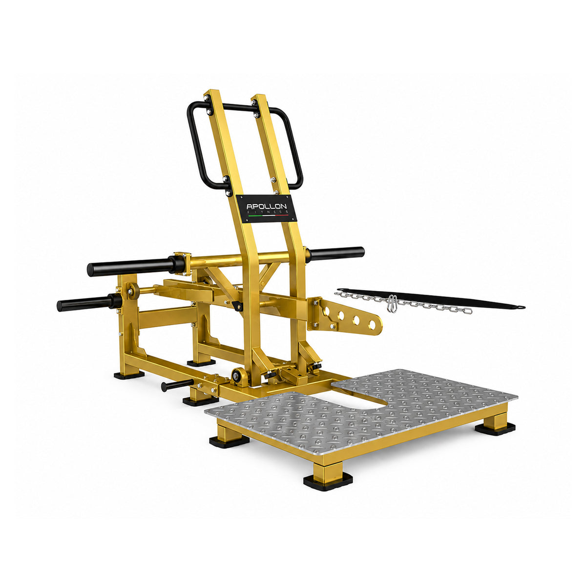 Apollon Fitness Belt Squat Machine – profesionalna plate loaded sprava za čučanj sa pojasom za trening kvadricepsa, gluteusa i zadnje lože.
