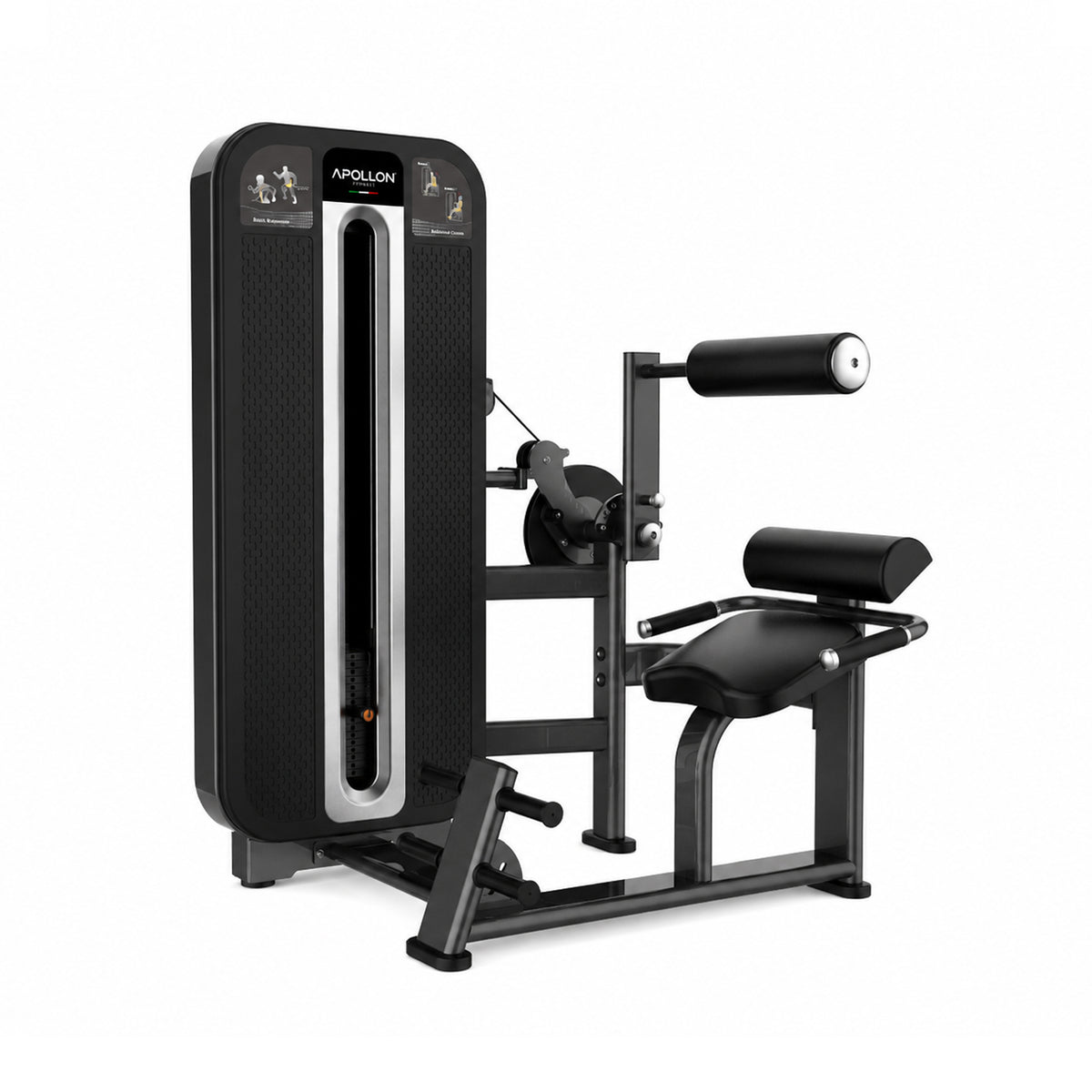 Apollon Fitness sprava za leđa i trbušnjake – Back Extension / Abdominal Crunch, profesionalna 2-u-1 sprava sa blokom tegova za trening trupa.
